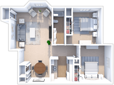 Floor plan for 2 beds, 1 bath, 950 sqft